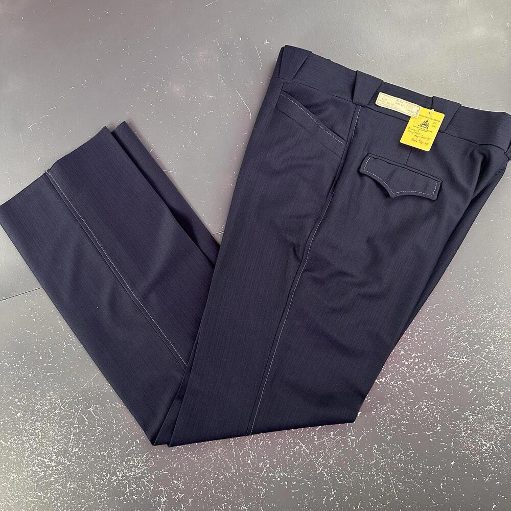 VTG Circle S Dress Pants Men 40 Navy Blue Plush Poly Contrast Stitch 70s NWT USA
